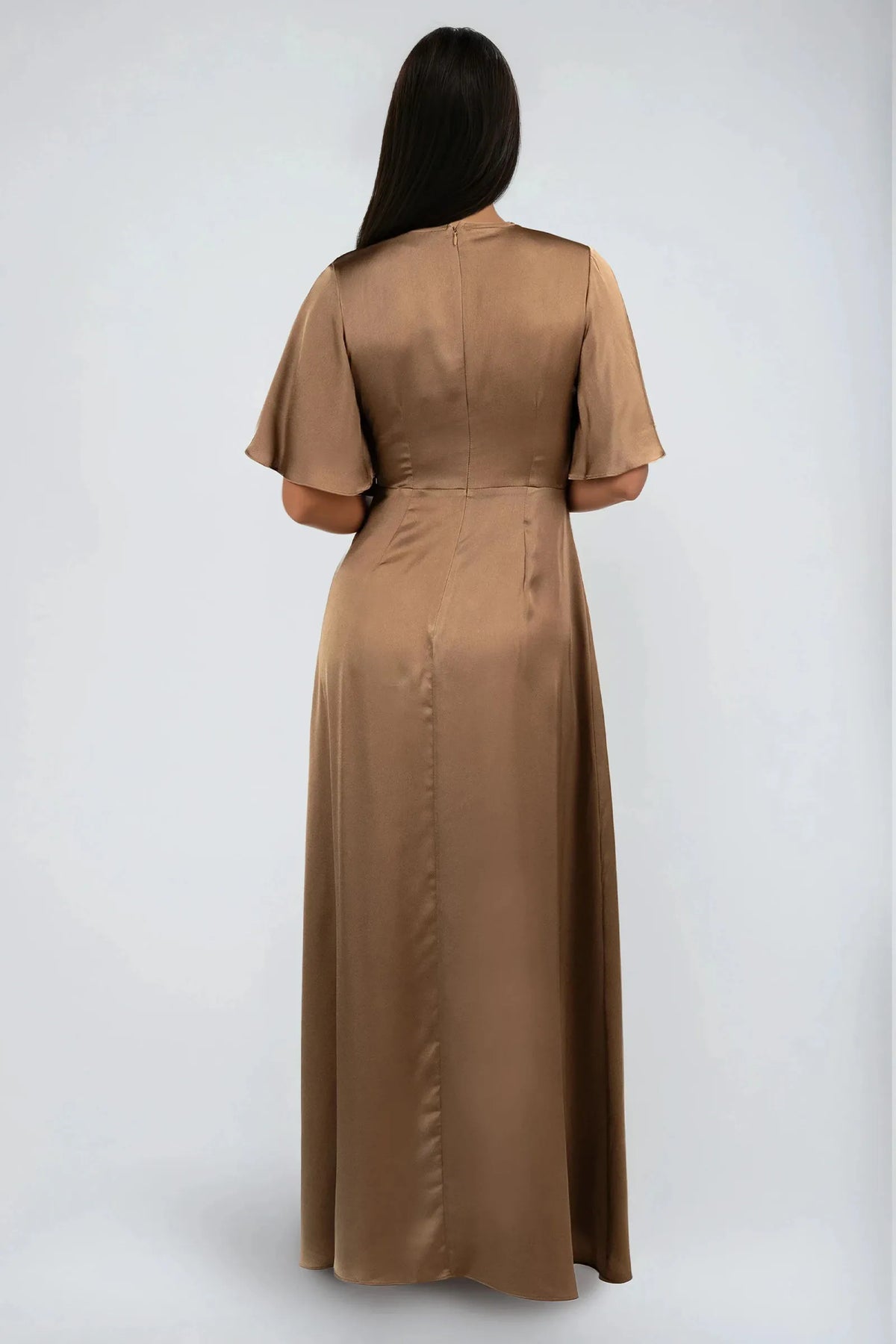 Mocha Romantic A-Line Plunging V-Neck Flutter Sleeve Knot-Waist Back Zip High-Low Prom Dresses