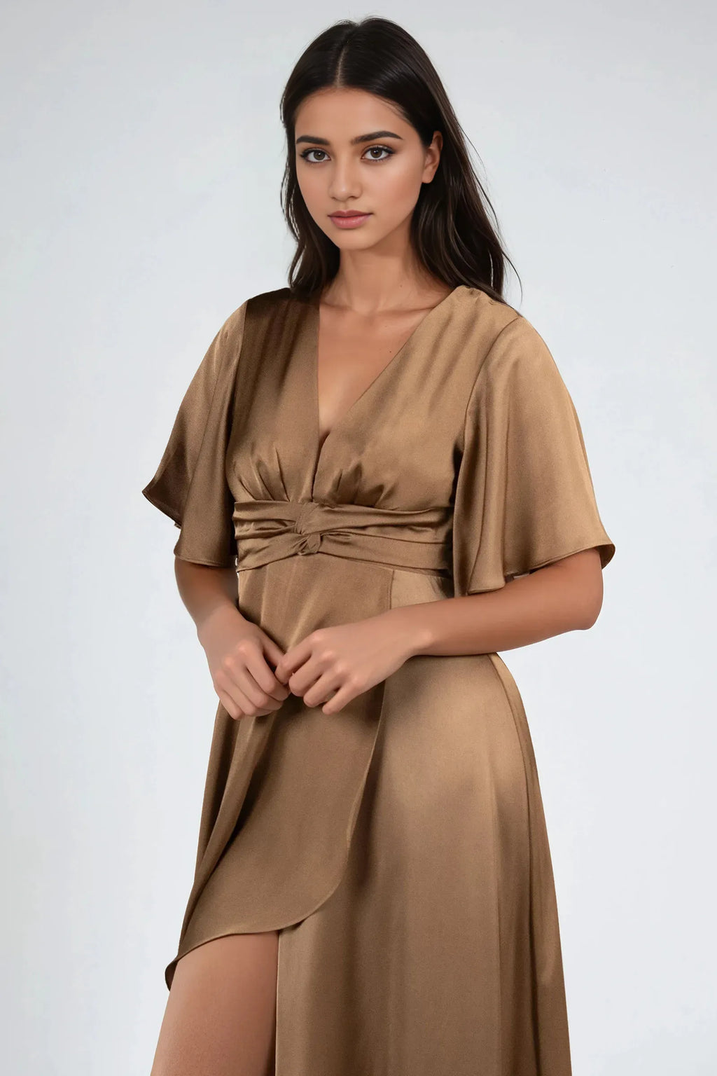 Mocha Romantic A-Line Plunging V-Neck Flutter Sleeve Knot-Waist Back Zip High-Low Prom Dresses