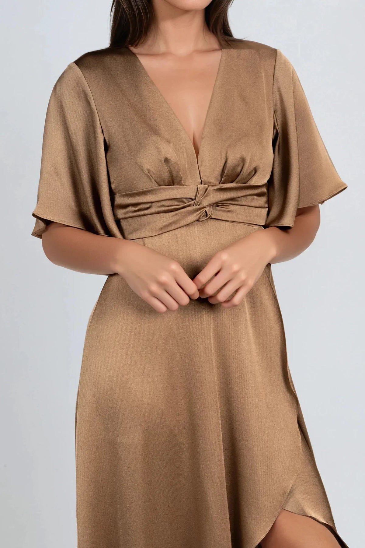 Mocha Romantic A-Line Plunging V-Neck Flutter Sleeve Knot-Waist Back Zip High-Low Prom Dresses