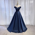 Navy Blue Romantic A-Line Off-Shoulder Sleeveless Lace-Up Back Floor-Length Prom Dress