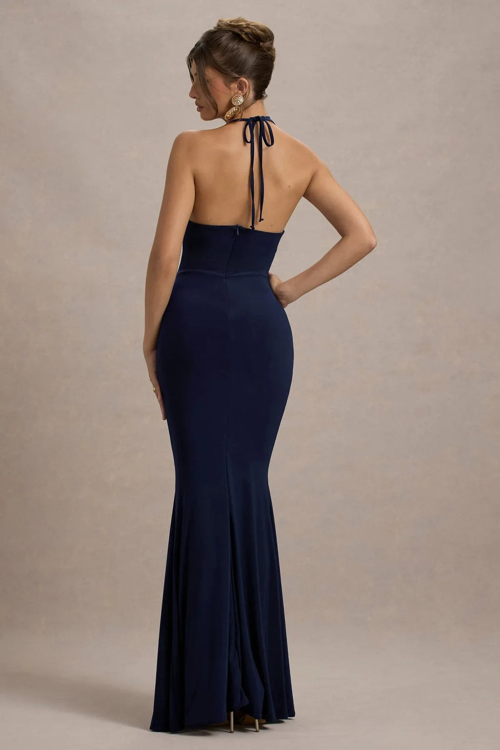 Navy Blue Romantic Prom Dresses Halter Neck Deep V Front Floral - Ruffled Slit for Timeless Prom Allure