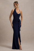 Navy Blue Romantic Prom Dresses Halter Neck Deep V Front Floral - Ruffled Slit for Timeless Prom Allure
