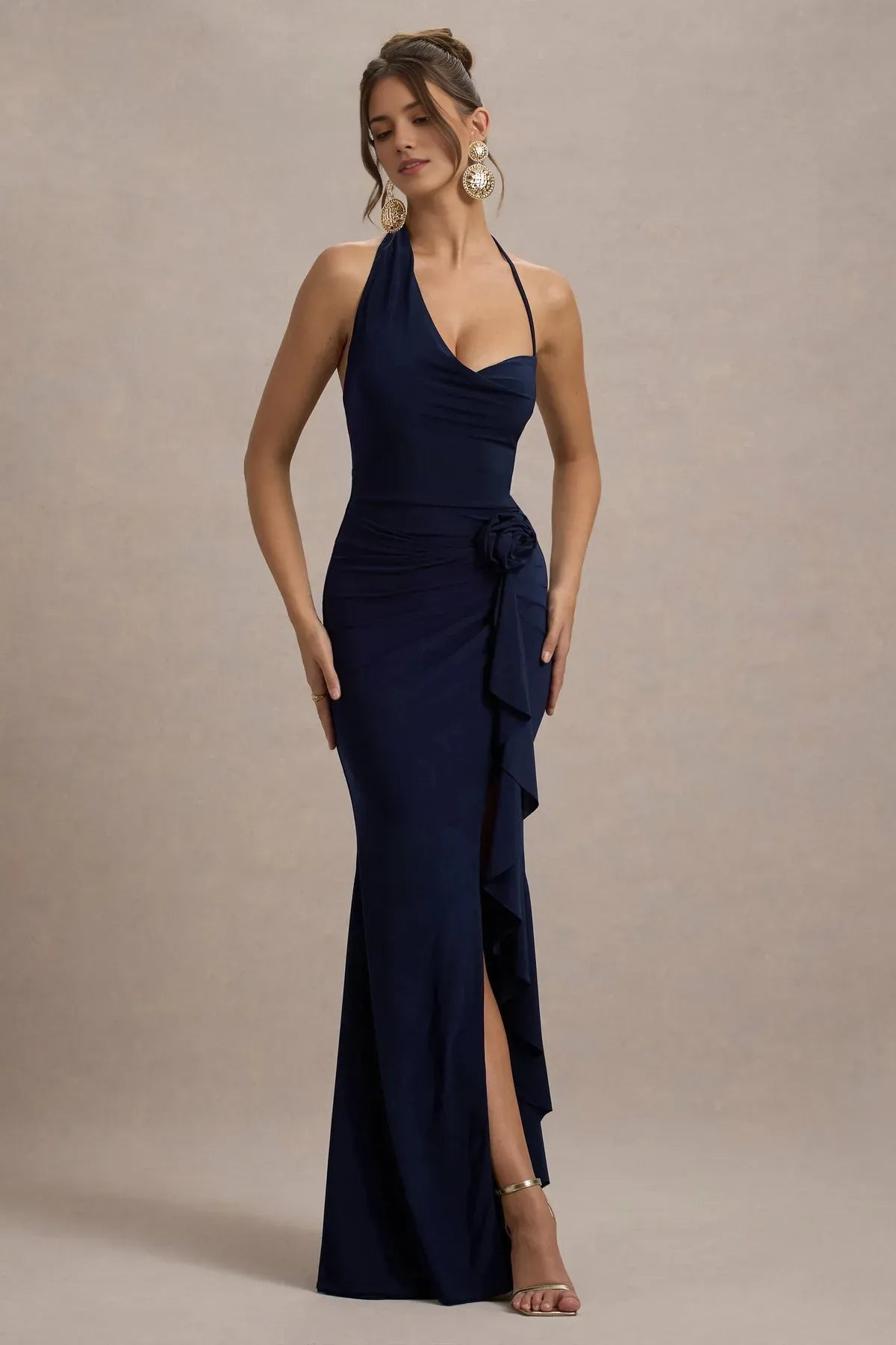 Navy Blue Romantic Prom Dresses Halter Neck Deep V Front Floral - Ruffled Slit for Timeless Prom Allure