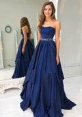 Navy Blue Romantic Strapless Prom Dresses with Belt Flowy Tiered Skirt Fabric Ideal for Fairytale Proms