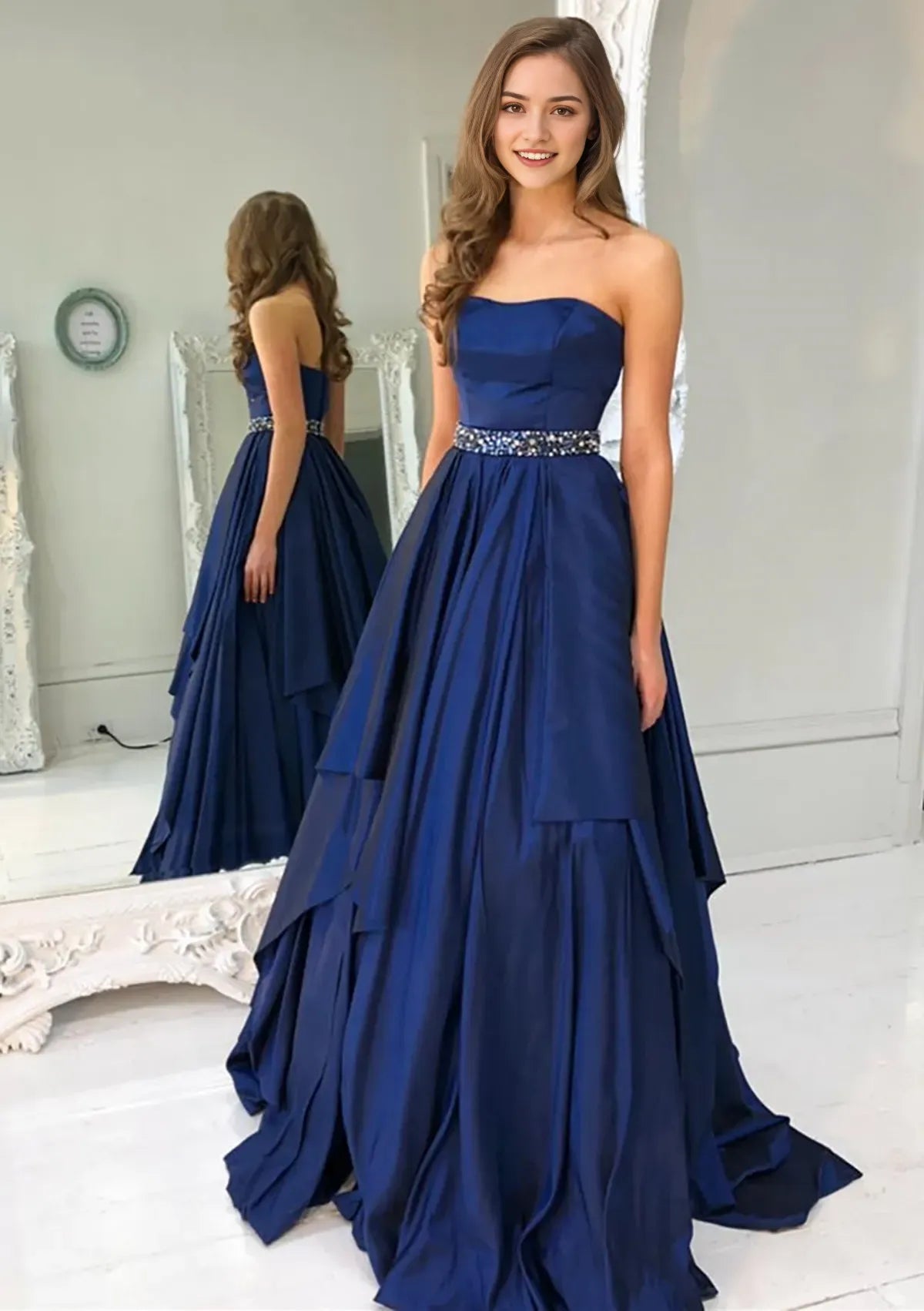 Navy Blue Romantic Strapless Prom Dresses with Belt Flowy Tiered Skirt Fabric Ideal for Fairytale Proms