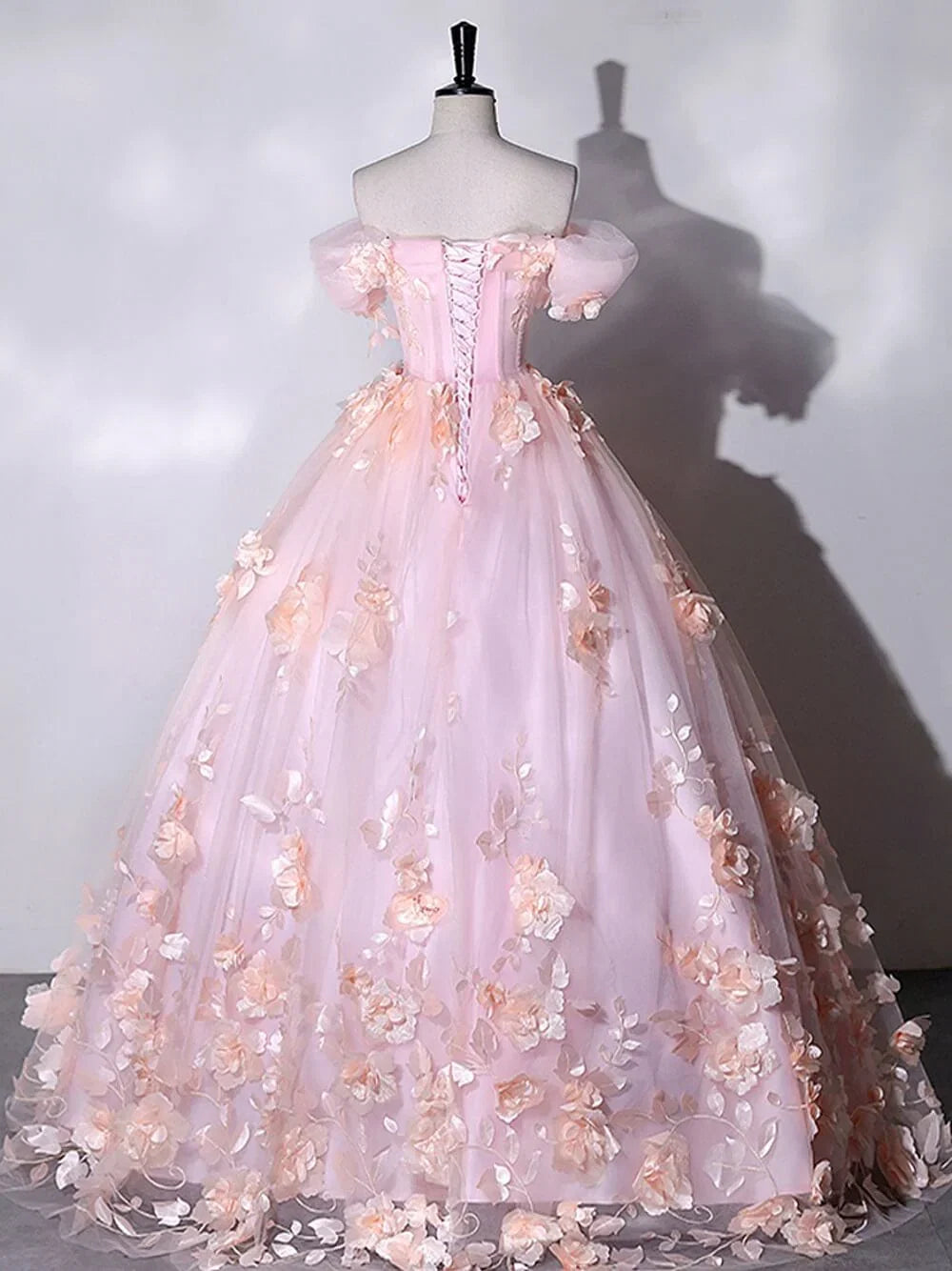 Romantic Off-the-Shoulder Floral Blush Floor-Length Wedding Dress