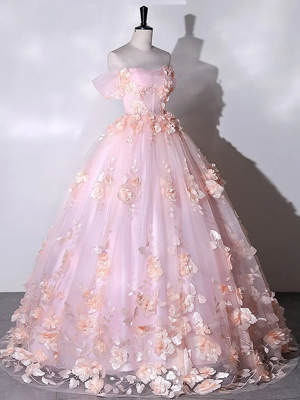 Romantic Off-the-Shoulder Floral Blush Floor-Length Wedding Dress