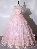 Romantic Off-the-Shoulder Floral Blush Floor-Length Wedding Dress