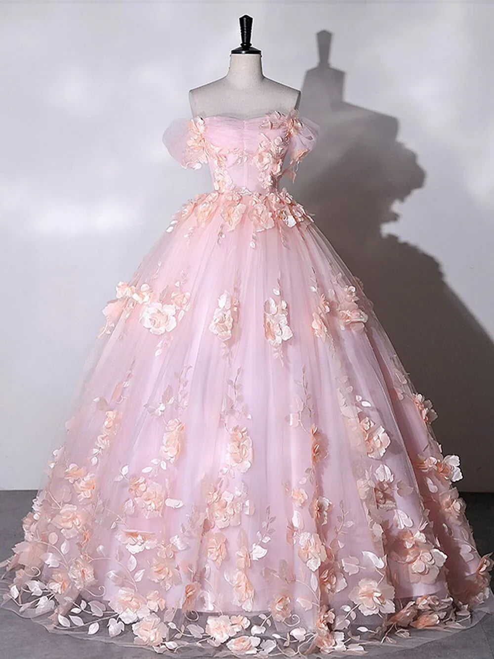 Romantic Off-the-Shoulder Floral Blush Floor-Length Wedding Dress