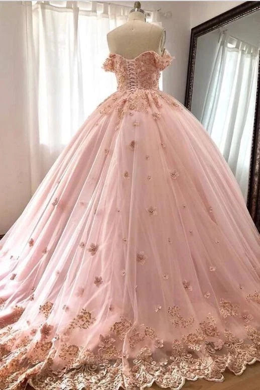 Pink Romantic Off-the-Shoulder Floor-Length Wedding Dress