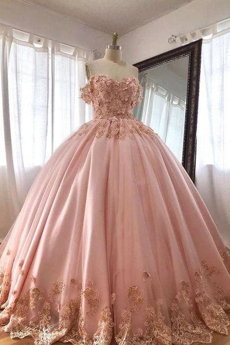Pink Romantic Off-the-Shoulder Floor-Length Wedding Dress