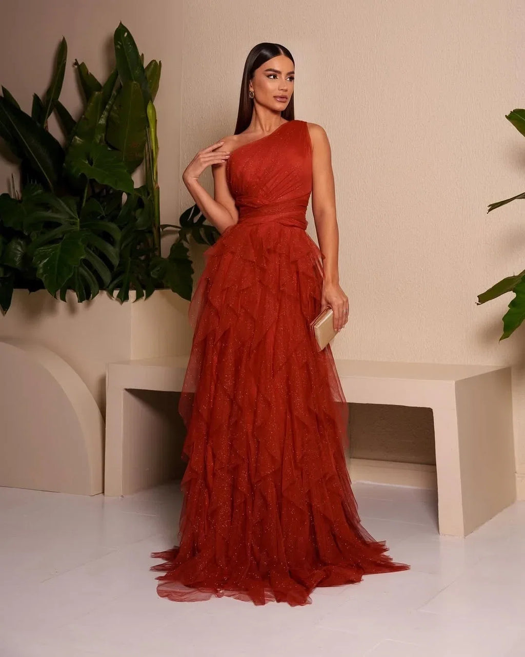 Rust Romantic One-Shoulder Sleeveless Tie Rust Evening Dress