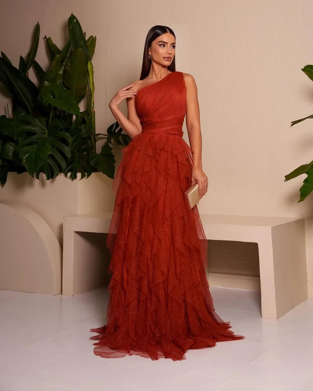 Rust Romantic One-Shoulder Sleeveless Tie Rust Evening Dress