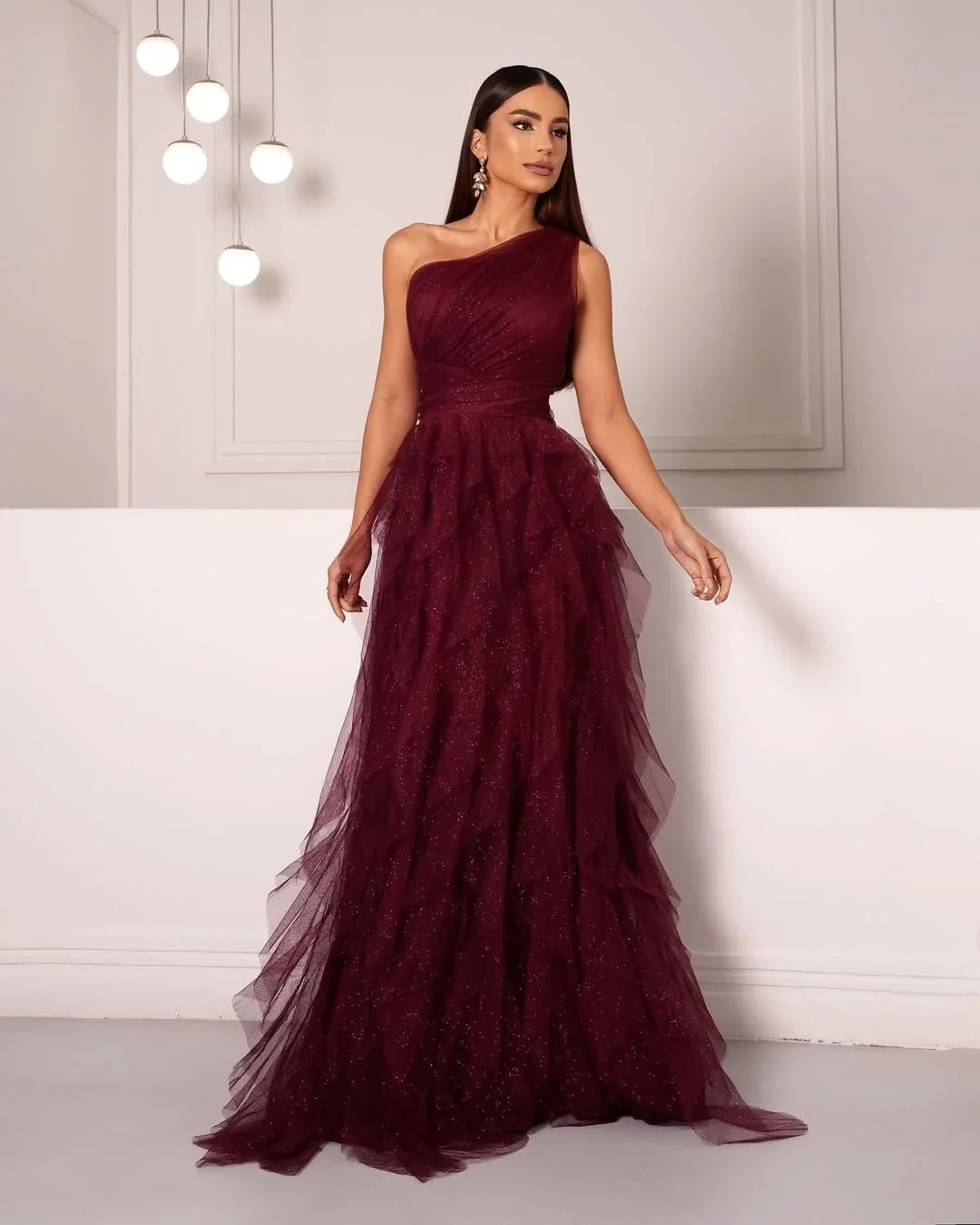 Rust Romantic One-Shoulder Sleeveless Tie Rust Evening Dress