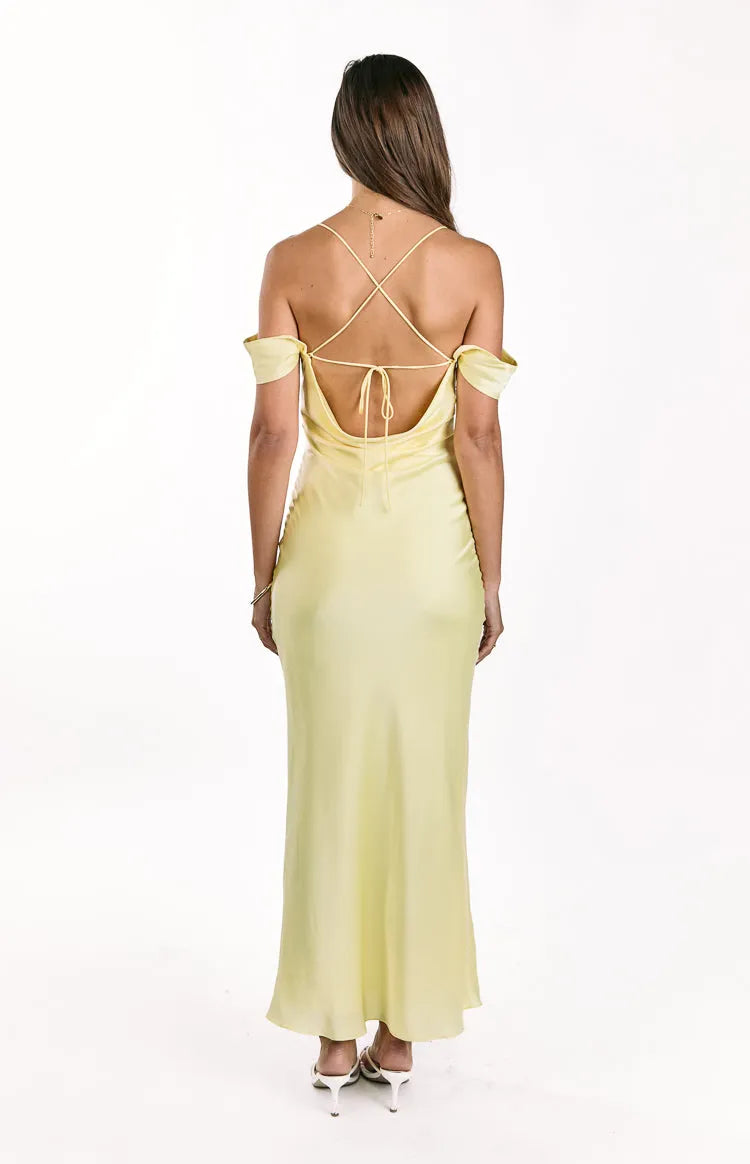 Yellow Romantic Pale Prom Dress Off Shoulder Spaghetti Straps Cowl Neck Flowy Maxi Design for a Sweet Appeal