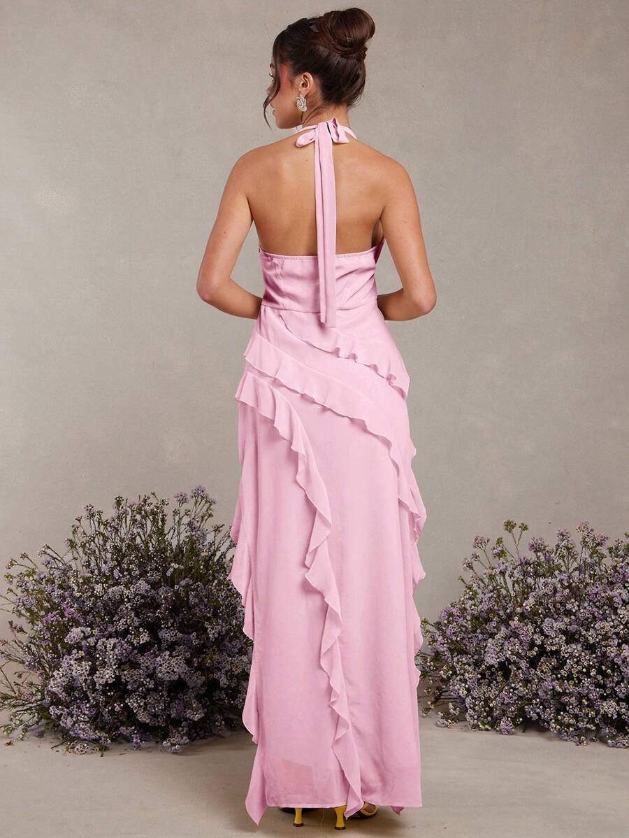 Pink Romantic A-Line Halter-Neck Sleeveless Tie-Back Floor-Length Prom Dresses with Slit