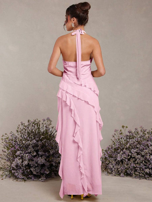 Romantic Pink Ruffled A-Line Halter-Neck Sleeveless Open-Back Floor-Length Prom Dress