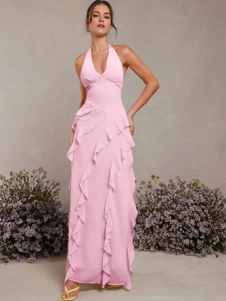 Pink Romantic A-Line Halter-Neck Sleeveless Tie-Back Floor-Length Prom Dresses with Slit