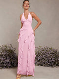 Pink Romantic A-Line Halter-Neck Sleeveless Tie-Back Floor-Length Prom Dresses with Slit