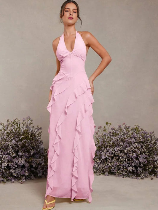 Romantic Pink Ruffled A-Line Halter-Neck Sleeveless Open-Back Floor-Length Prom Dress