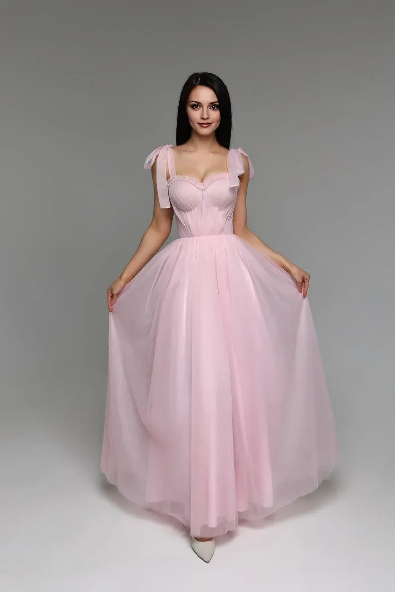 Pink Romantic A-Line Sweetheart Neck Bow Shoulder Strap Lace-Up Floor-Length Prom Dress