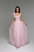 Pink Romantic A-Line Sweetheart Neck Bow Shoulder Strap Lace-Up Floor-Length Prom Dress