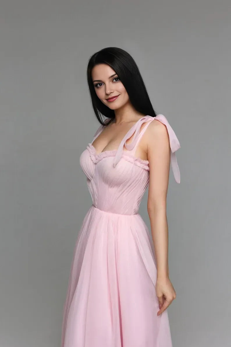 Pink Romantic A-Line Sweetheart Neck Bow Shoulder Strap Lace-Up Floor-Length Prom Dress