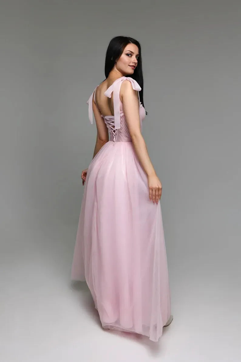 Pink Romantic A-Line Sweetheart Neck Bow Shoulder Strap Lace-Up Floor-Length Prom Dress