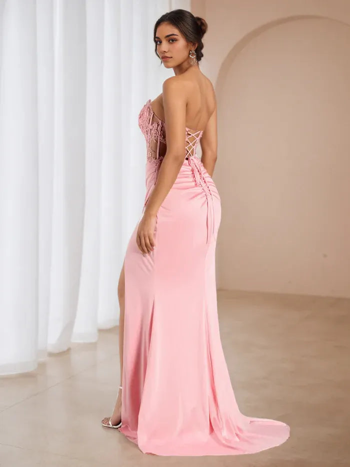 Pink Romantic Ball Gown Strapless Bodice Ruched Skirt High Slit for Glamorous Proms