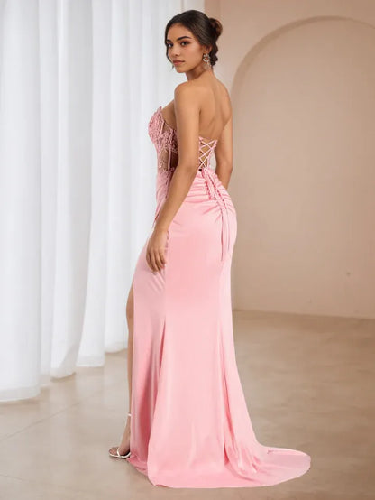 Glamorous Pink Lace A-Line Strapless Classic-Sleeve Classic-Back Floor-Length Prom Dress