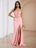 Pink Romantic Ball Gown Strapless Bodice Ruched Skirt High Slit for Glamorous Proms
