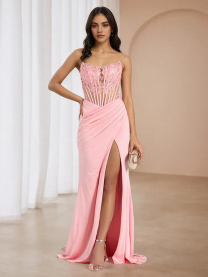Glamorous Pink Lace A-Line Strapless Classic-Sleeve Classic-Back Floor-Length Prom Dress