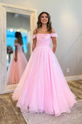 Pink Romantic Ballgown Off the Shoulder Sleeveless Embellished Floor-Length Prom Dress with Beading