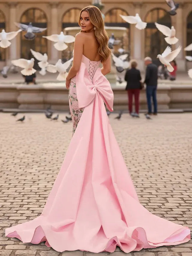 Pink Romantic Mermaid Strapless Sleeveless Big Bow Lace-Up-Back Beading Prom Dresses With Drop Train