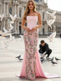 Pink Romantic Mermaid Strapless Sleeveless Big Bow Lace-Up-Back Beading Prom Dresses With Drop Train