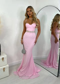 Pink Romantic Mermaid Sweetheart Neck Spaghetti Strap Tie Back Beading Floor Length Prom Dresses