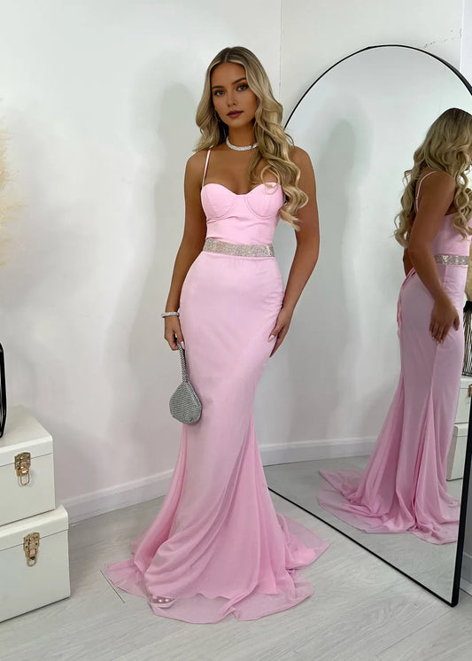 Romantic Pink Beaded Mermaid Sweetheart Sleeveless Classic-Back Floor-Length Prom Dress