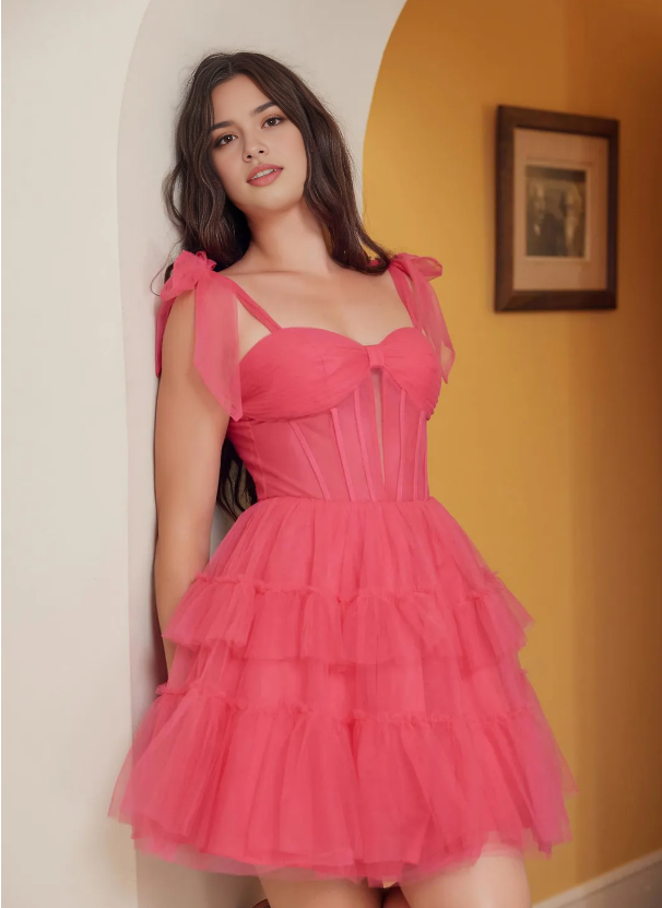 Pink Romantic Pink Homecoming Dress with Bow Tied Straps Sweetheart Neckline Tie Ruffle Skirt for Prom Nights