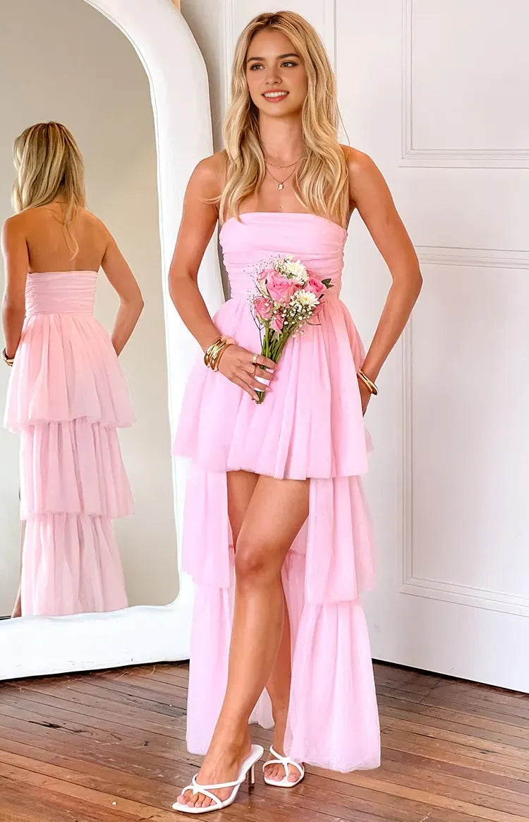 Pink Romantic Prom Dress Strapless High Low Hem Ruffled Skirt for a Dreamy Feminine Look