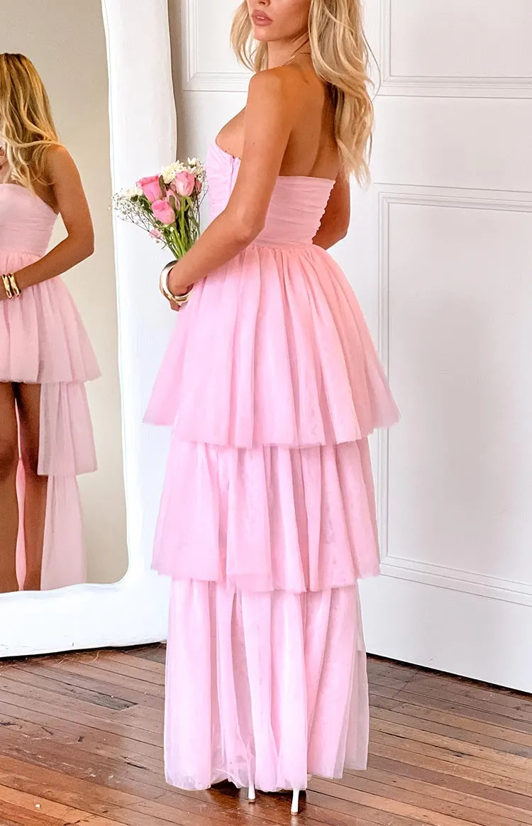Pink Romantic Prom Dress Strapless High Low Hem Ruffled Skirt for a Dreamy Feminine Look