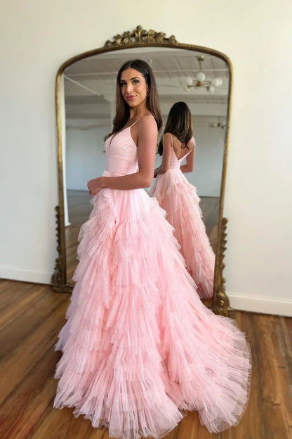 Romantic Pink Ruffled A-Line Classic-Neck Sleeveless Classic-Back Floor-Length Evening Dress