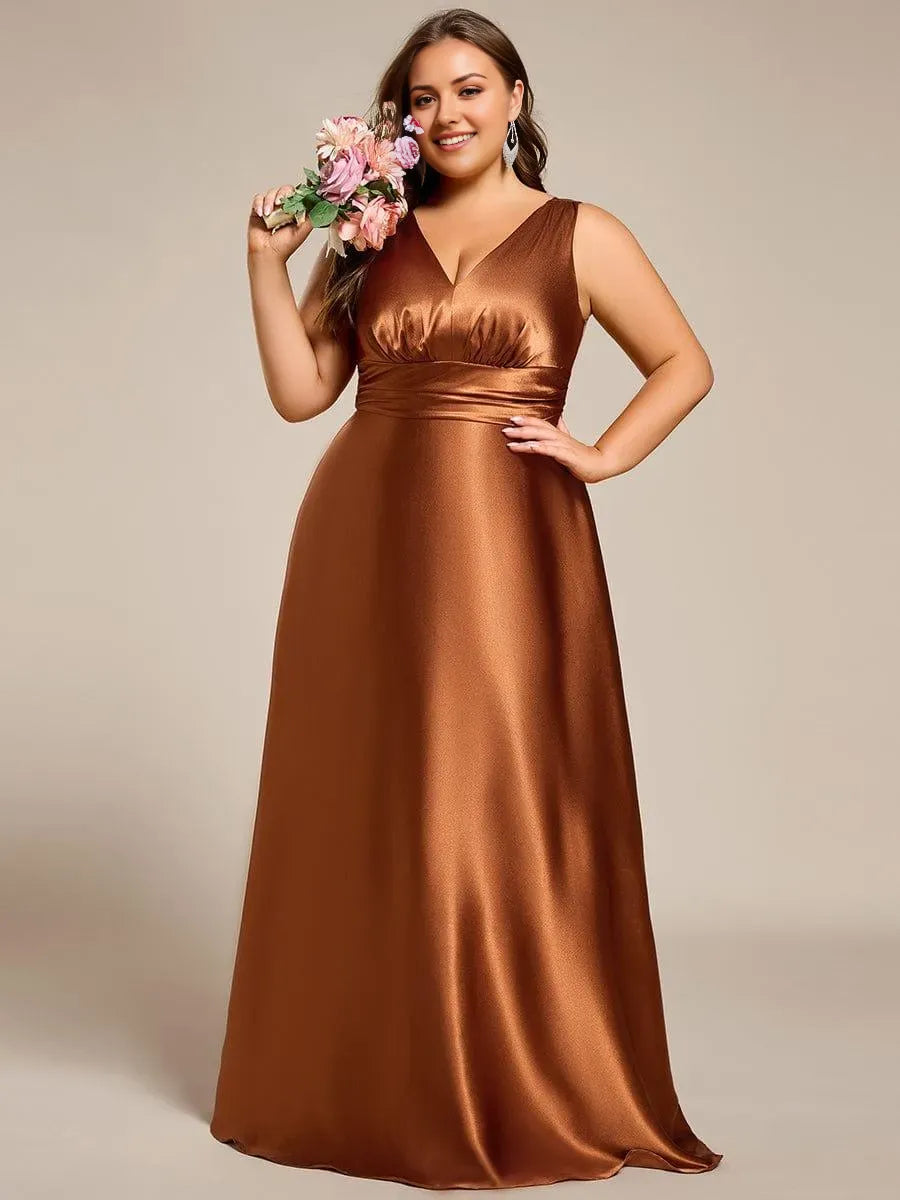Romantic Plus-Size A-Line Deep-V-Neck Sleeveless Ruched V back Floor-Length Prom Dresses