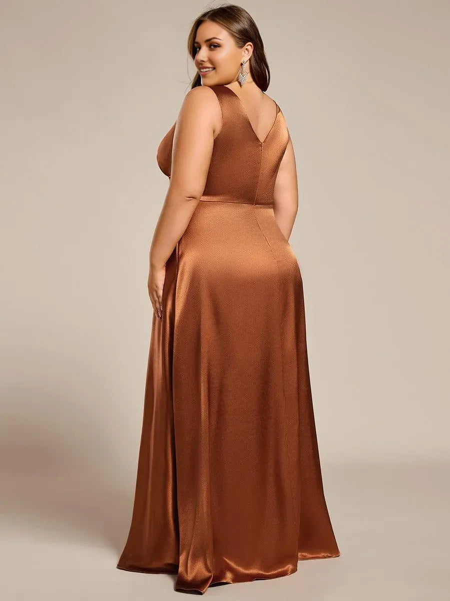 Romantic Plus-Size A-Line Deep-V-Neck Sleeveless Ruched V back Floor-Length Prom Dresses