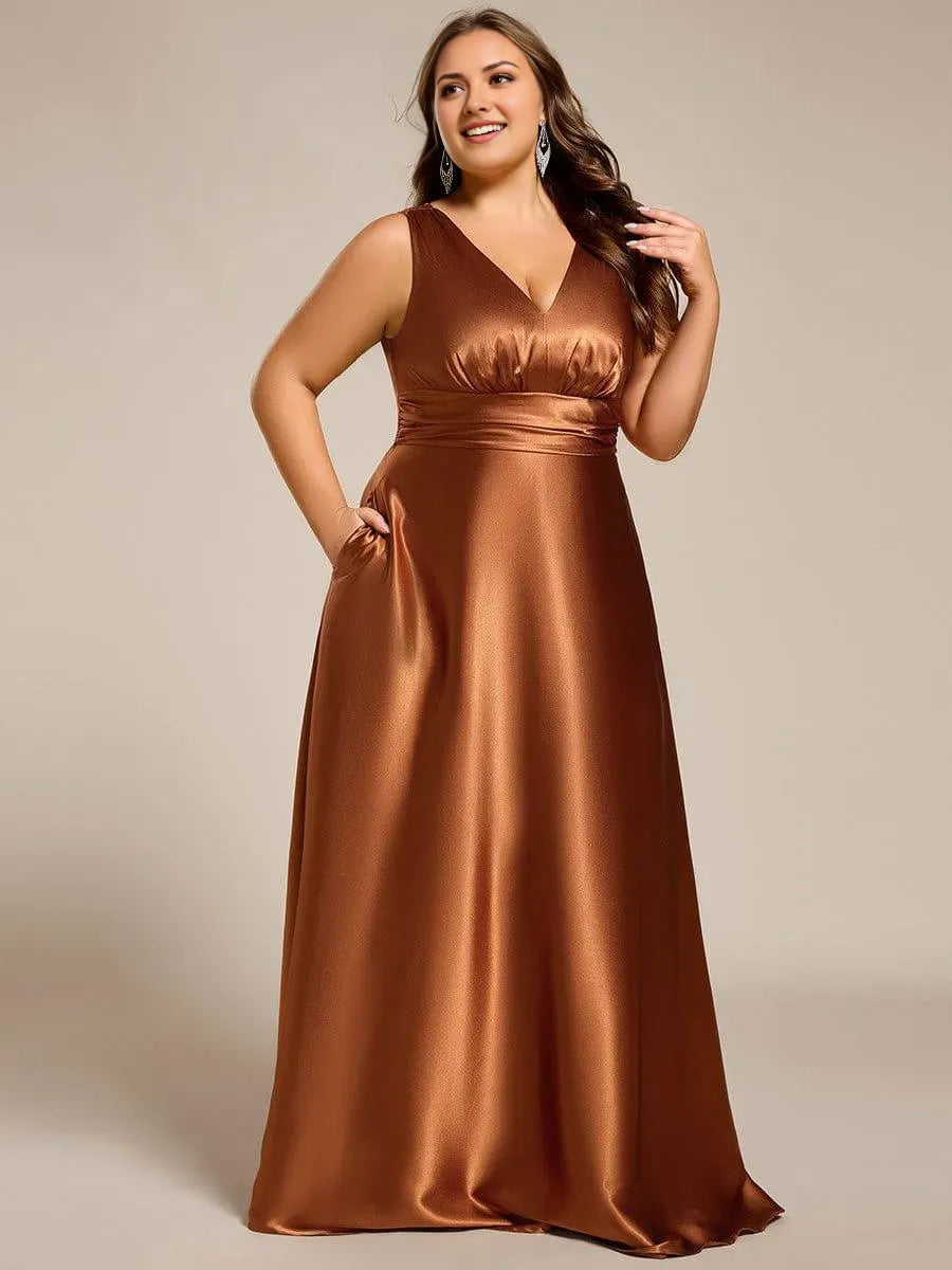 Romantic Plus-Size A-Line Deep-V-Neck Sleeveless Ruched V back Floor-Length Prom Dresses
