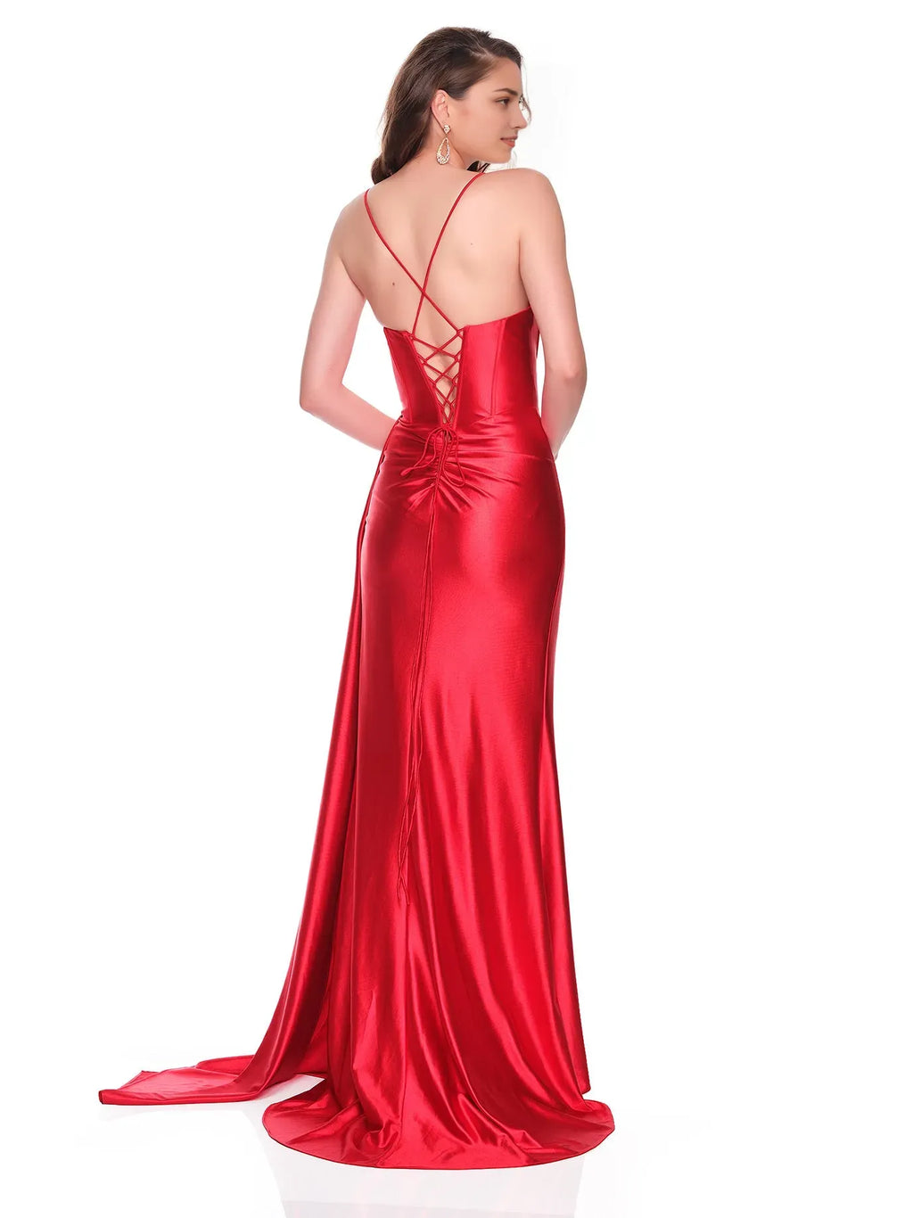 Red Romantic Mermaid Deep V-Neck Spaghetti-Strap Lace-Up Back Back Zip Floor-Length Prom Dresses with High Slit