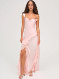 Romantic Sheath Asymmetric Neck Ruffled Sleeveless Open Back Floor Length Ruffled Slit Prom Dresses
