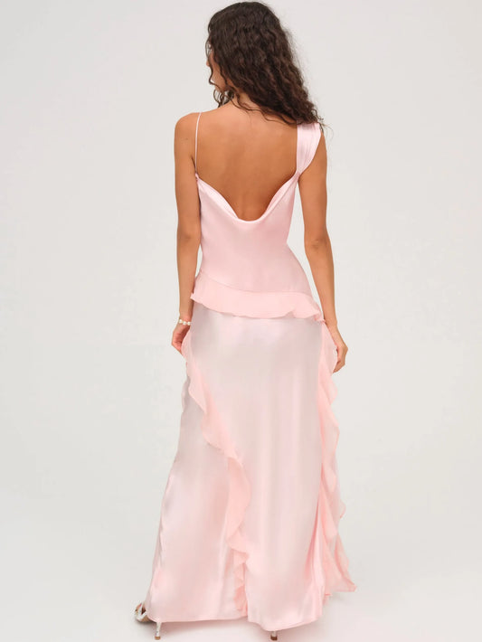 Romantic Pink Ruffled A-Line Classic-Neck Sleeveless Open-Back Floor-Length Prom Dress