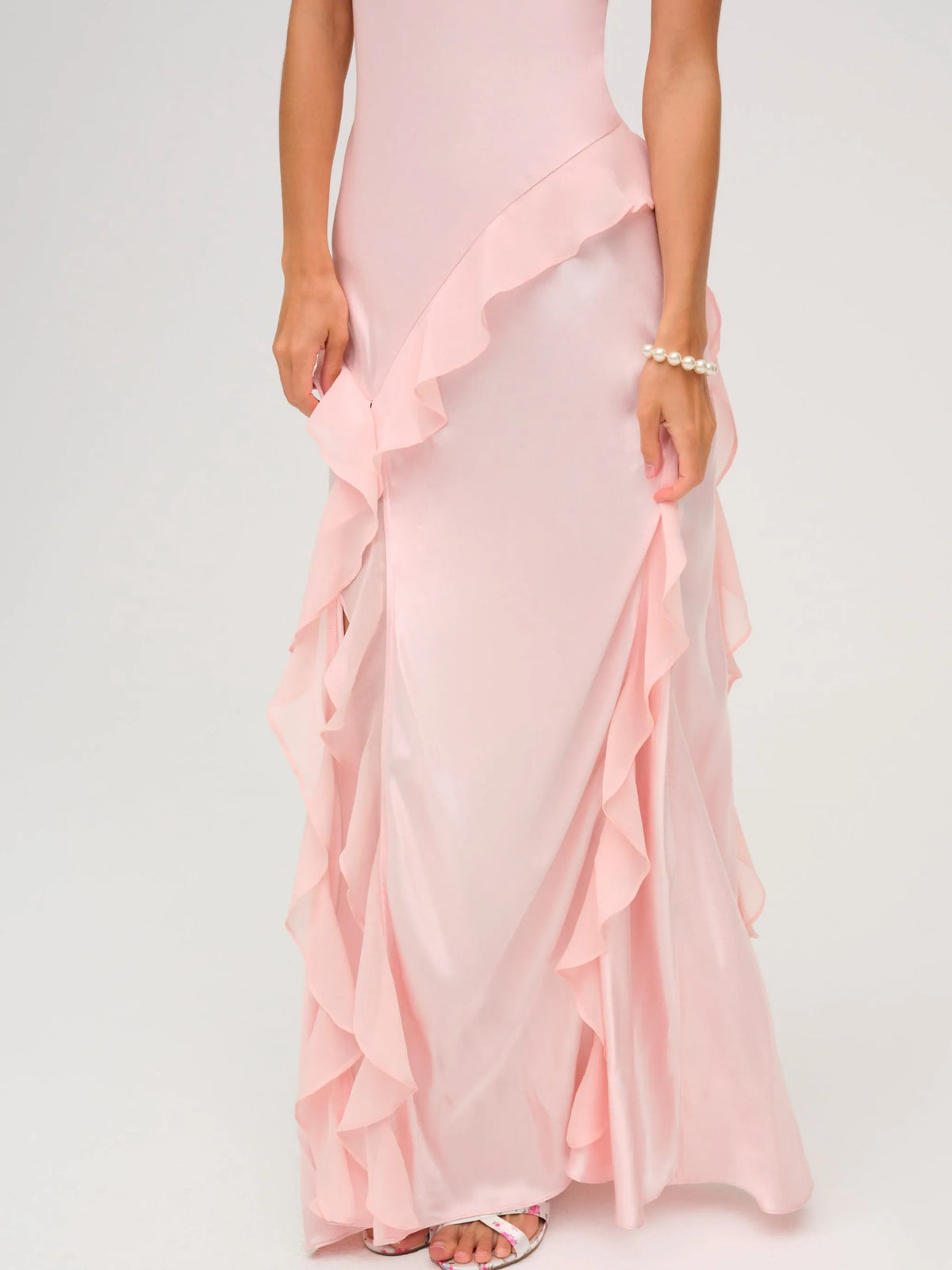Romantic Sheath Asymmetric Neck Ruffled Sleeveless Open Back Floor Length Ruffled Slit Prom Dresses