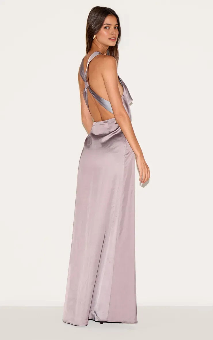 Romantic Sheath Cowl Neck Spaghetti Strap Crisscross Back Floor-Length Prom Dresses for women