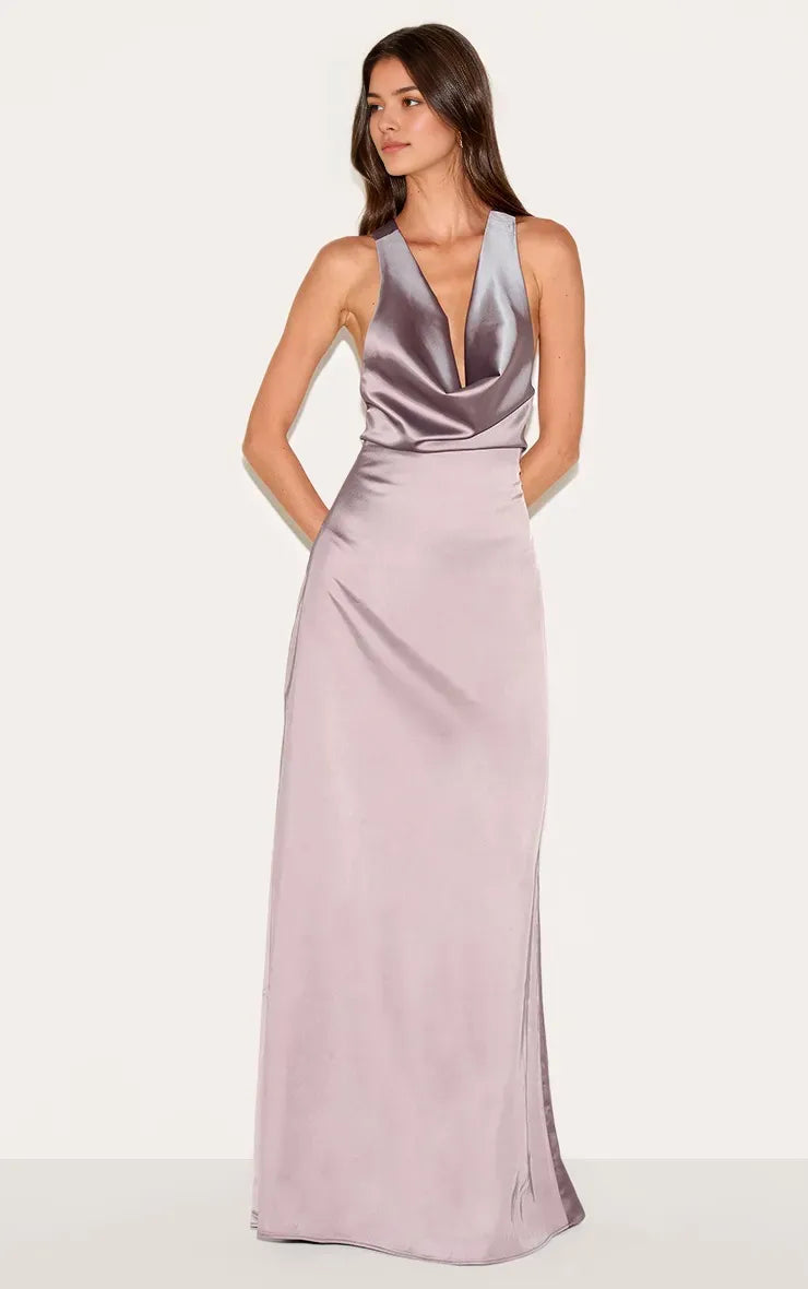 Romantic Sheath Cowl Neck Spaghetti Strap Crisscross Back Floor-Length Prom Dresses for women